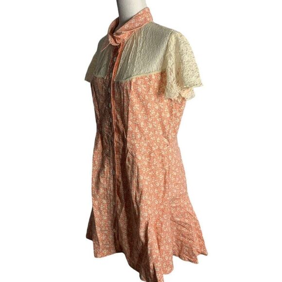 Vintage Lace Yoke Mini Shirt Dress Womens M Pink Floral Country Western - Picture 3 of 7